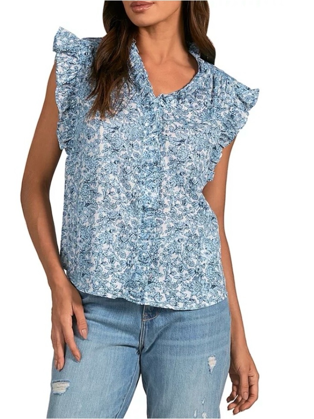 5 for $25!! Elan Blue Floral Ruffle Sleeveless Top